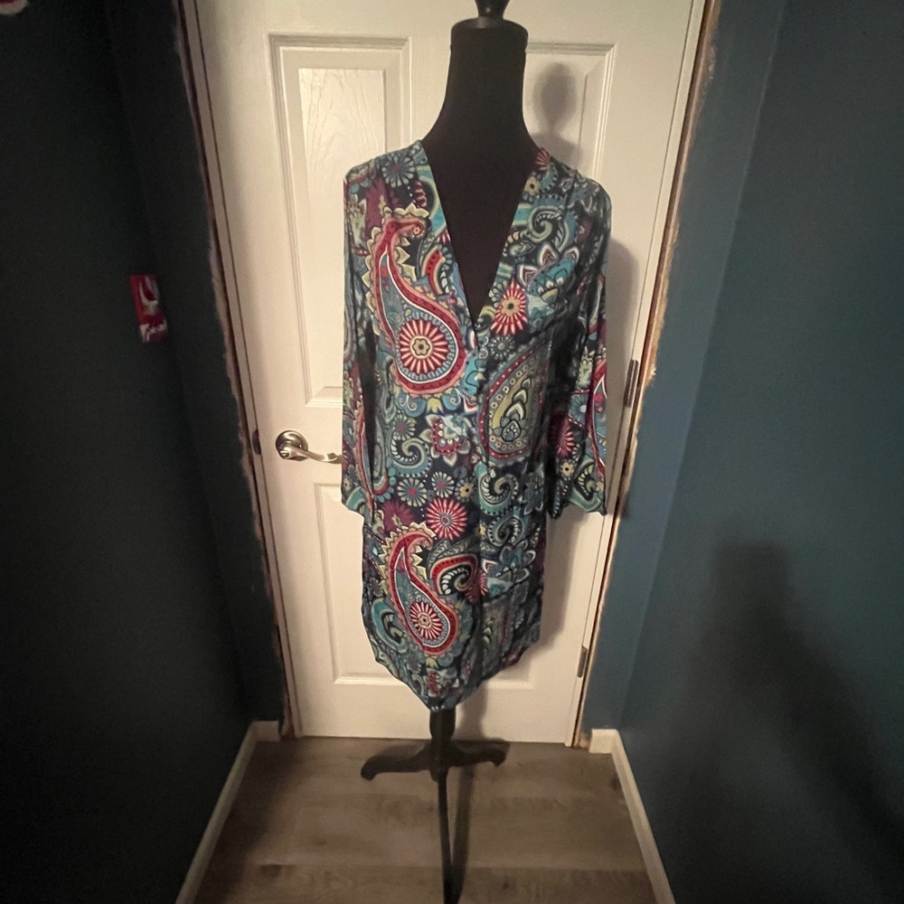 Green, Blue and Red Long Sleeve Notched Collar Dress